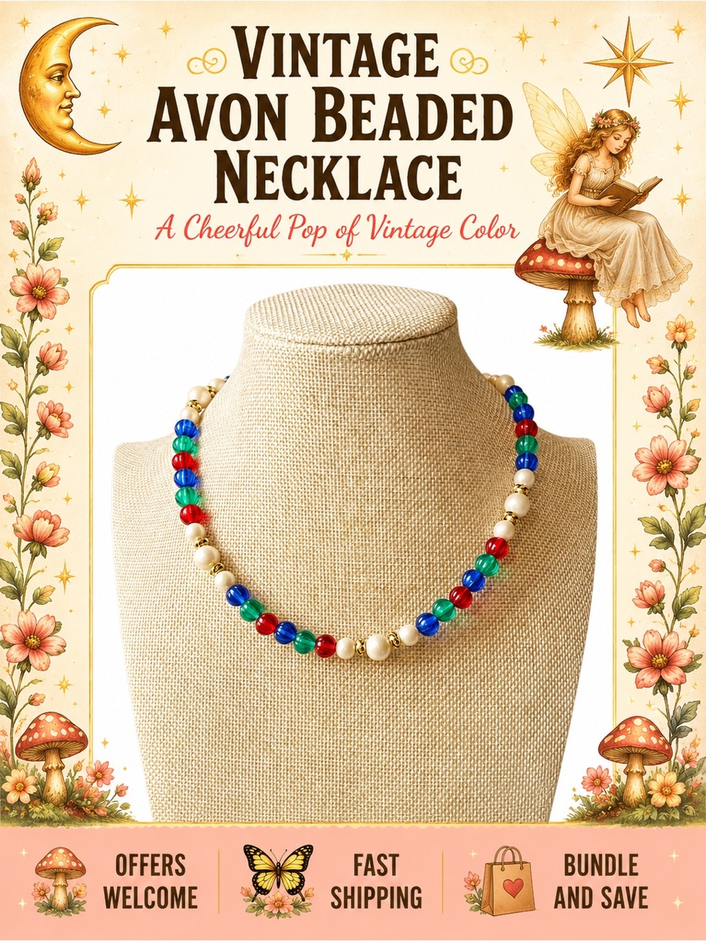 Vintage Avon Multicolor Faux Pearl Beaded Necklace 18”